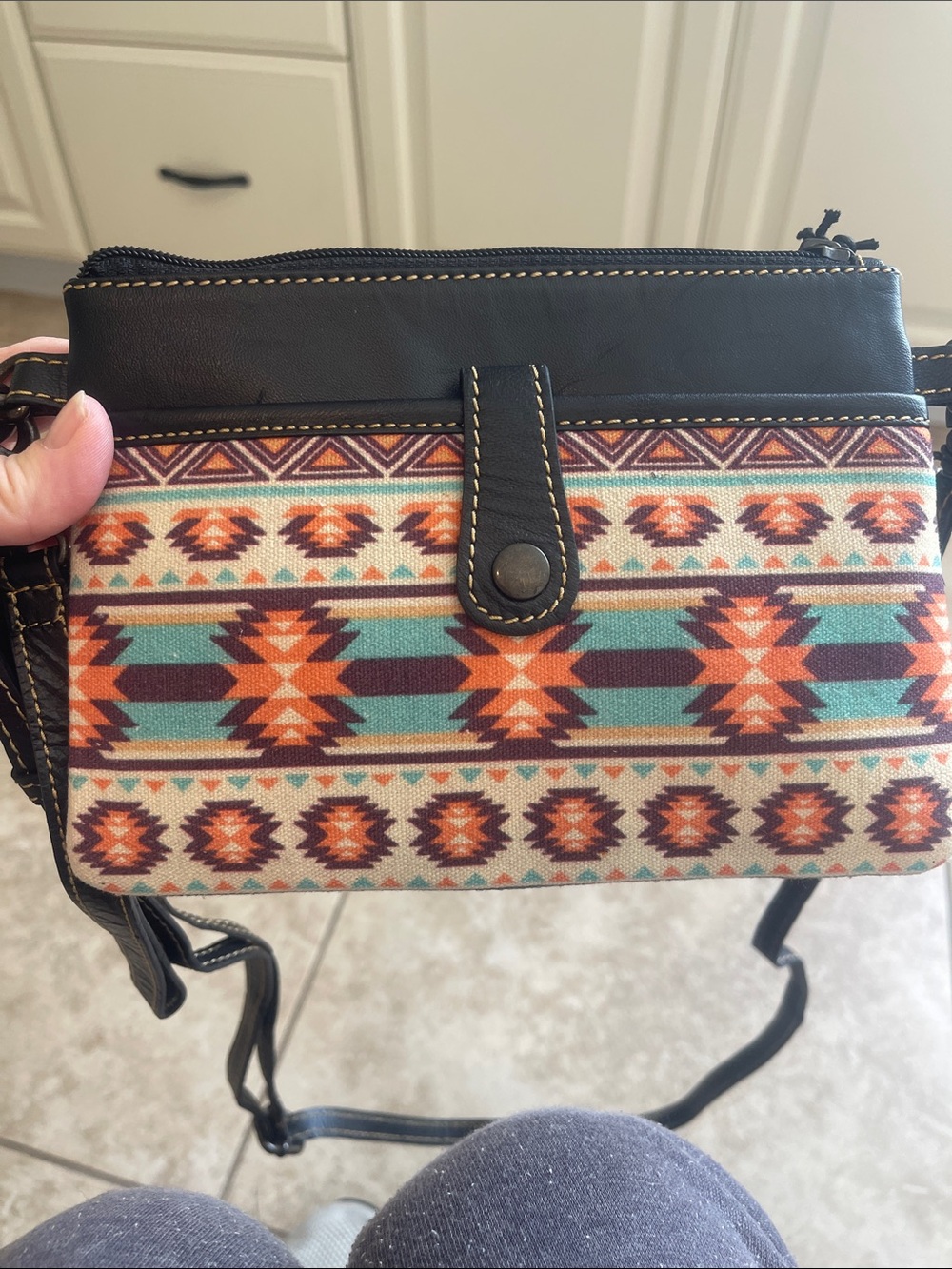 Myra-Aztec-Pattern Crossbody Wristlet Bag in Teal & Coral